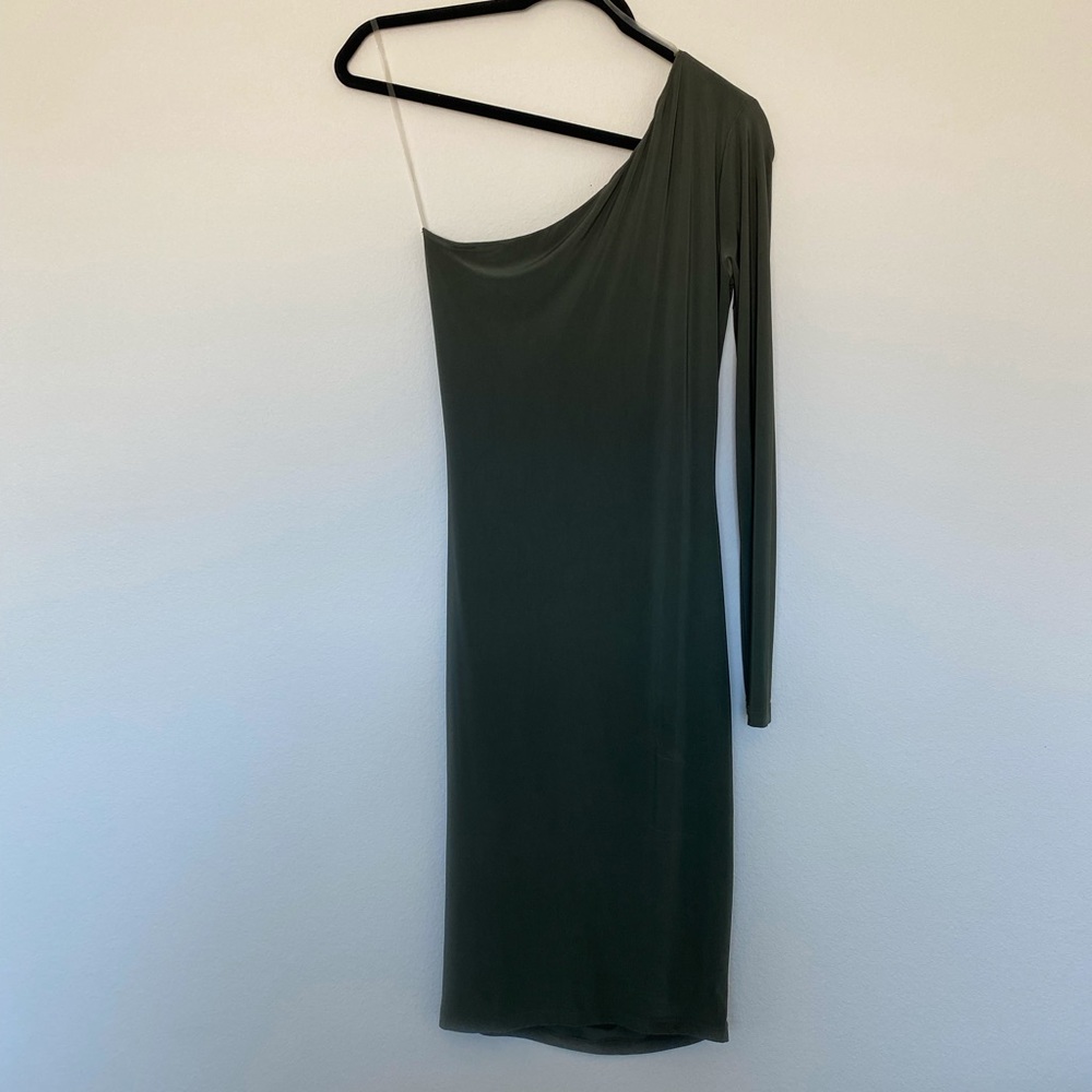 Windsor One-Shoulder Asymmetrical Olive Green Mini Dress - Picture 2 of 4